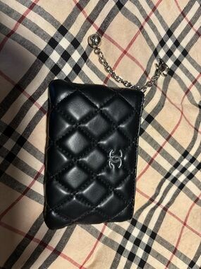 CHANEL Black Quilted Leather Card Pouch with Red Interior and key ring .